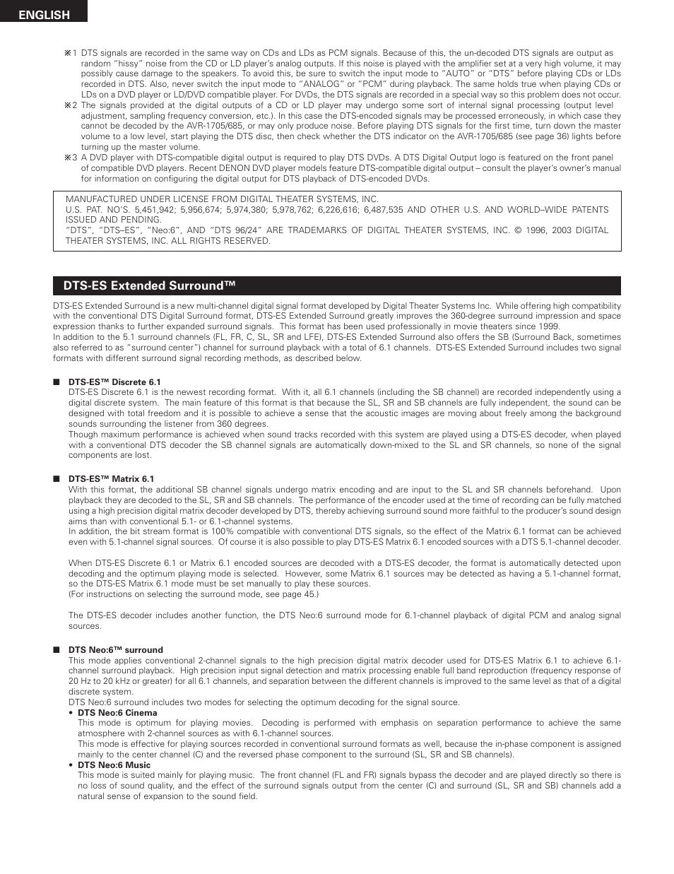 Dts-es extended surround, English | Denon AVR-685 User Manual | Page 62 / 75