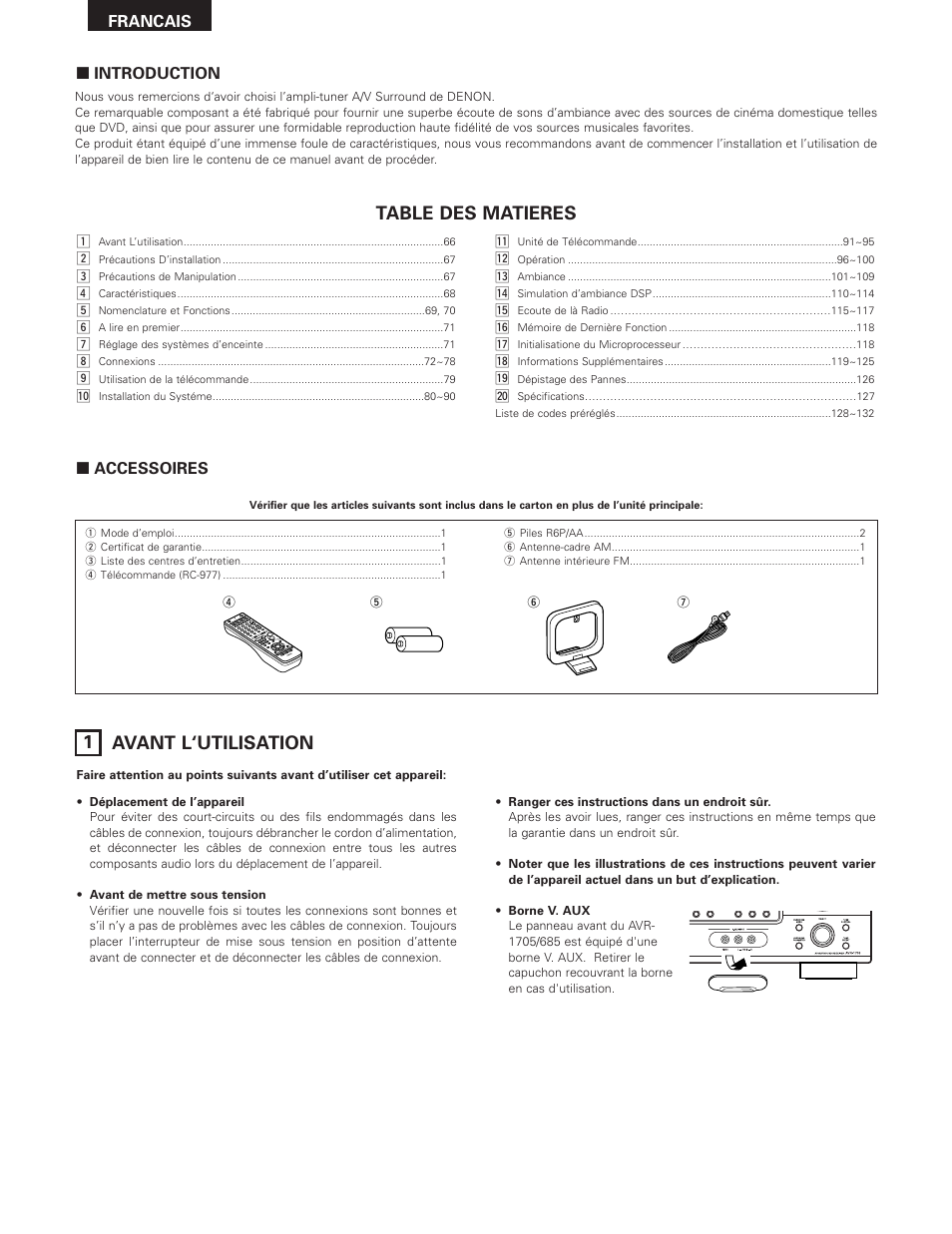 Table des matieres, 1avant l‘utilisation, Introduction | Accessoires, Francais | Denon AVR-685 User Manual | Page 66 / 75