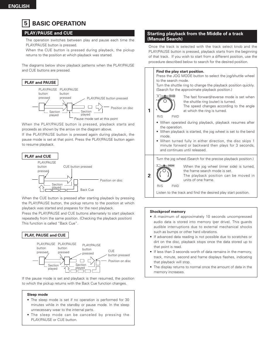 5 basic operation, English, Play/pause and cue | Denon DN-2100F User Manual | Page 12 / 20