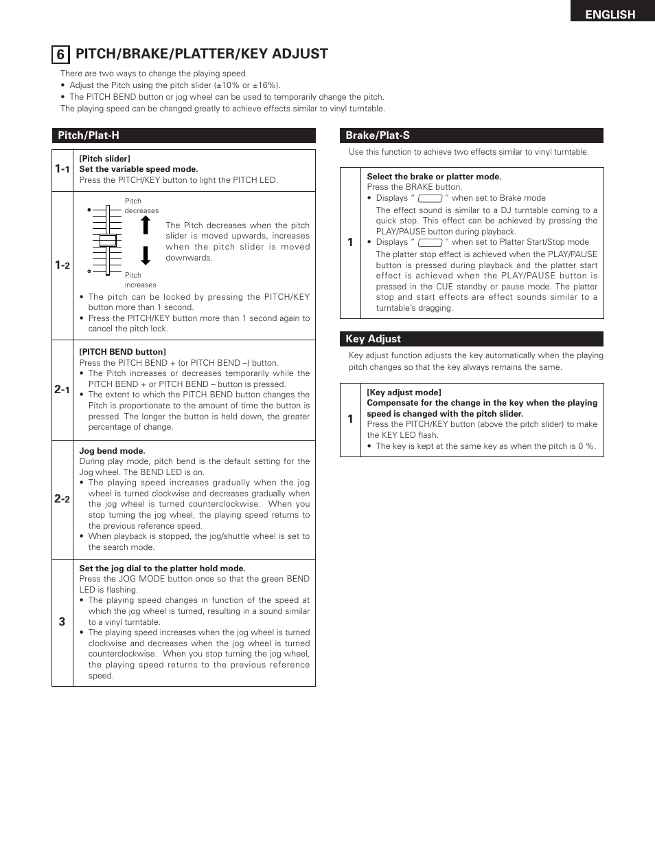 6 pitch/brake/platter/key adjust | Denon DN-2100F User Manual | Page 13 / 20