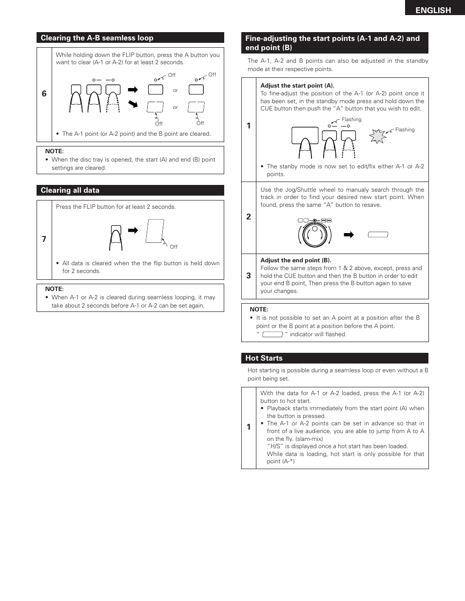 English, Clearing all data, Clearing the a-b seamless loop | Hot starts | Denon DN-2100F User Manual | Page 15 / 20