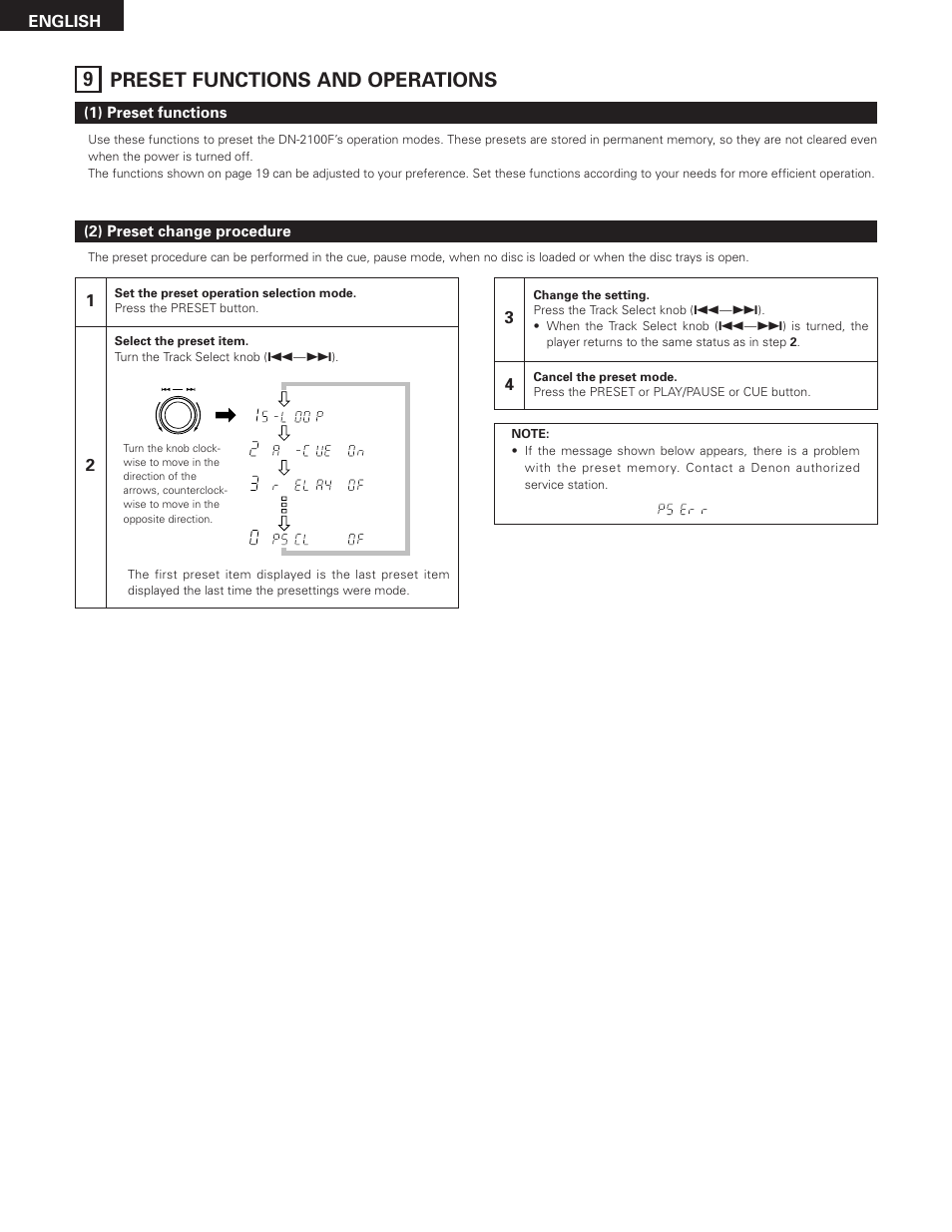 9 preset functions and operations | Denon DN-2100F User Manual | Page 18 / 20