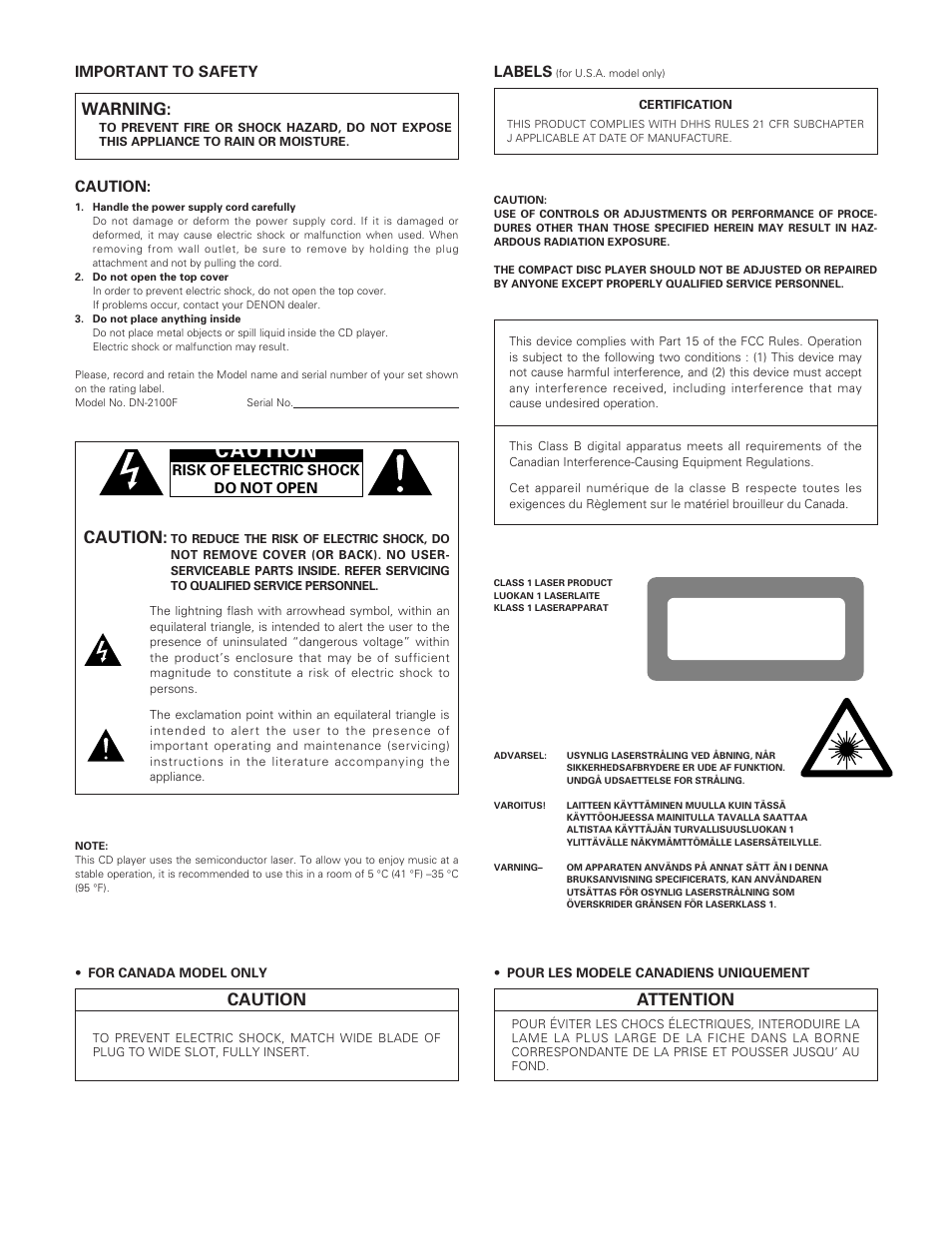 Class 1 laser product, Caution, Attention | Warning | Denon DN-2100F User Manual | Page 2 / 20