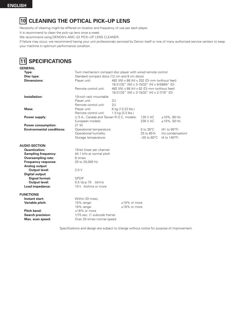 11 specifications, 10 cleaning the optical pick–up lens, English | Denon DN-2100F User Manual | Page 20 / 20
