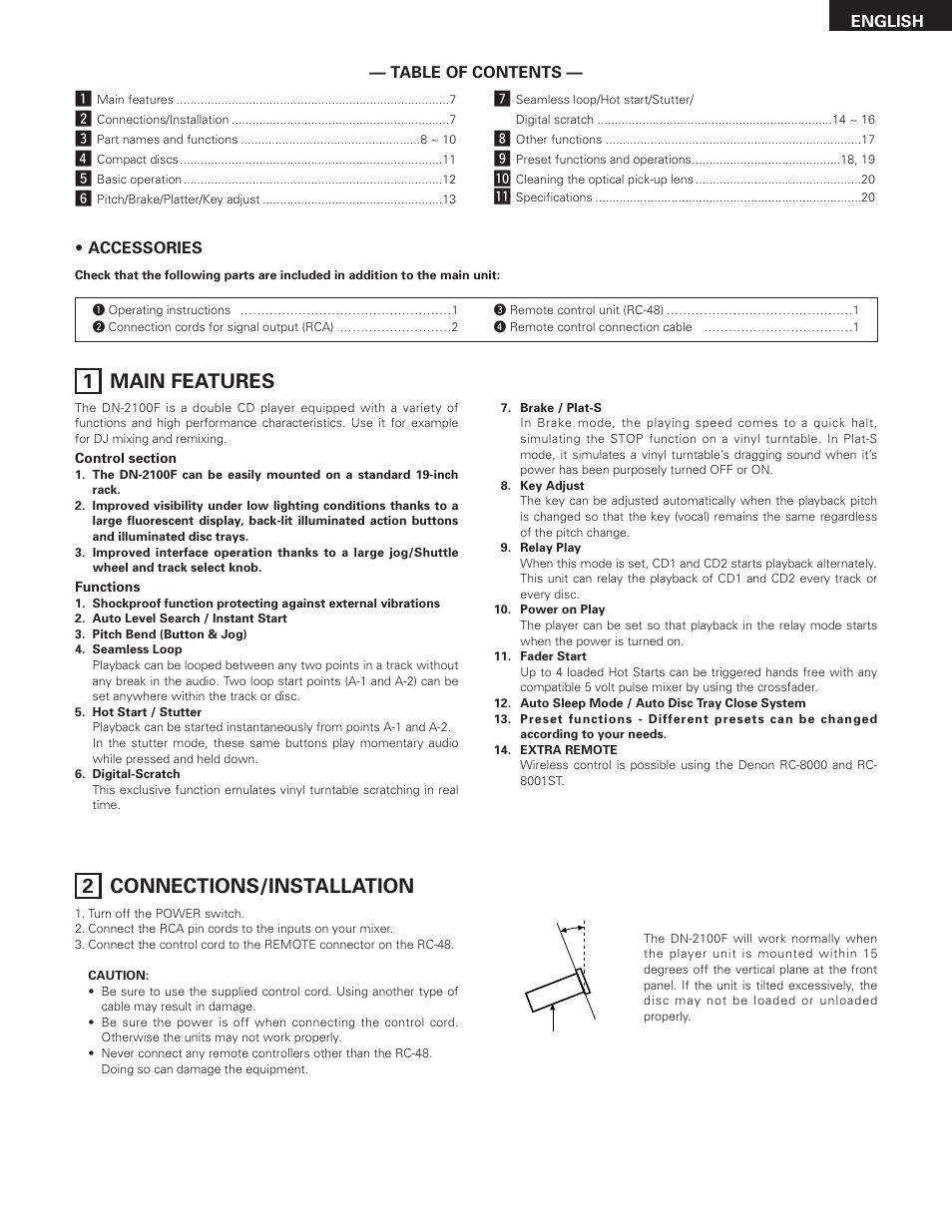 1 main features, 2 connections/installation | Denon DN-2100F User Manual | Page 7 / 20
