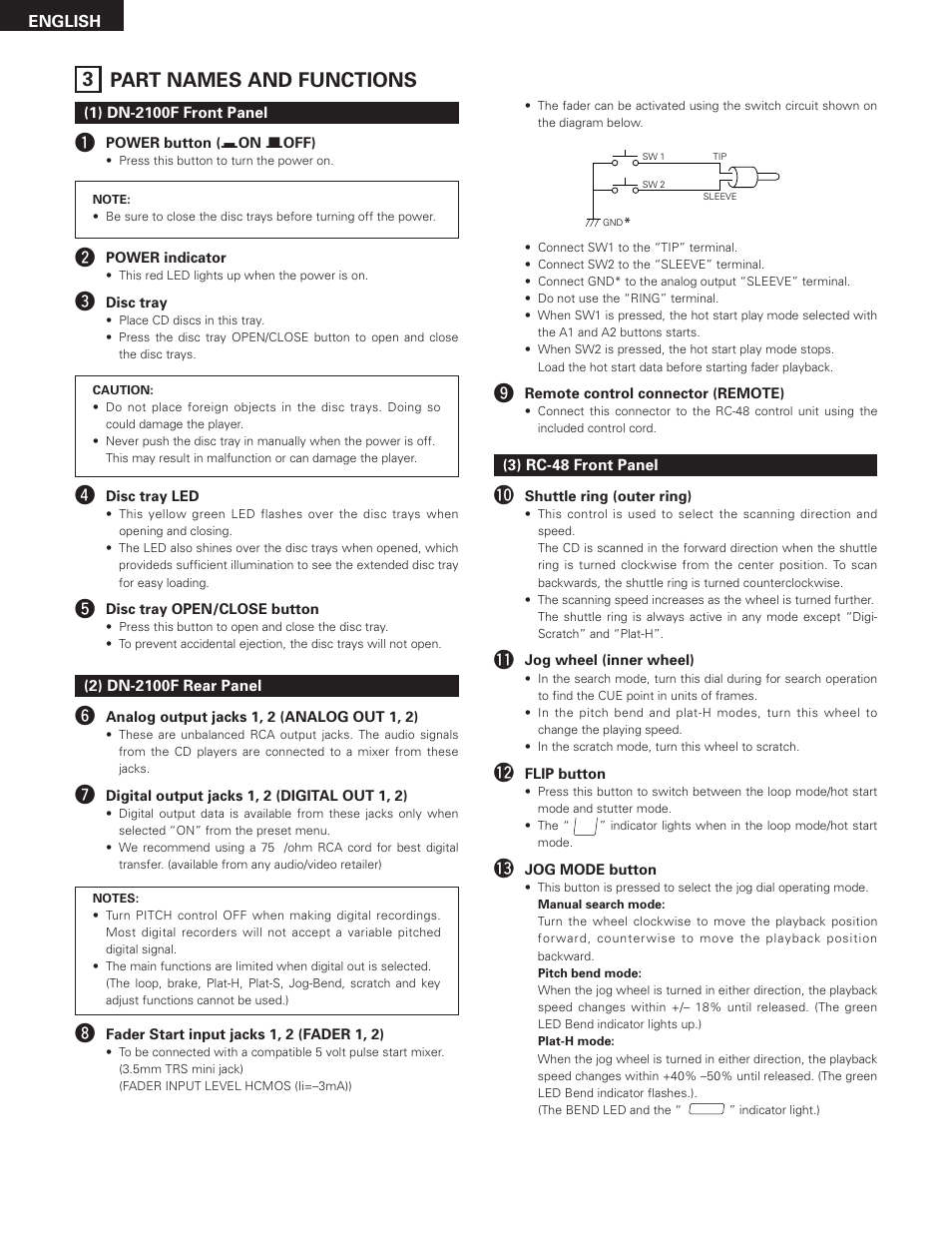 3 part names and functions | Denon DN-2100F User Manual | Page 8 / 20