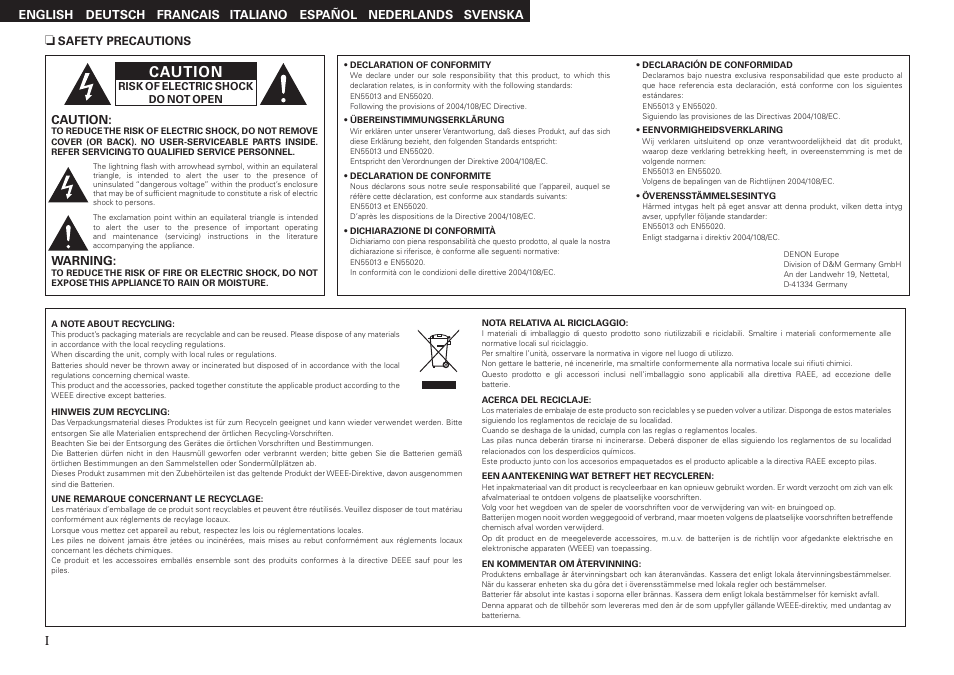 Caution, Warning | Denon Speaker SC-CX101 User Manual | Page 2 / 8