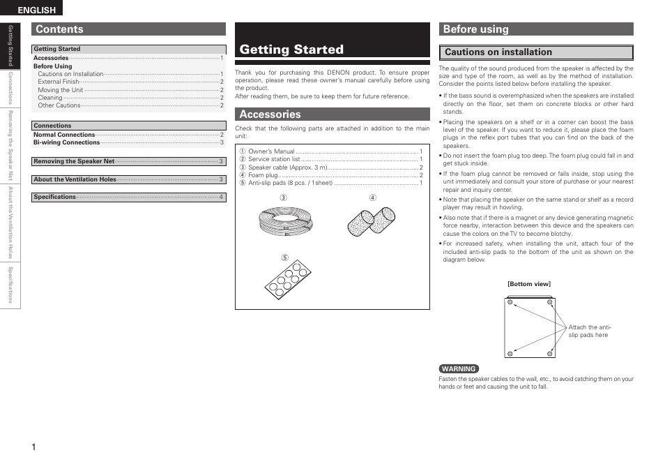 Getting started, Accessories before using contents, Cautions on installation | Denon Speaker SC-CX101 User Manual | Page 4 / 8