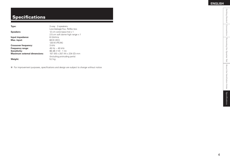 Specifications | Denon Speaker SC-CX101 User Manual | Page 7 / 8