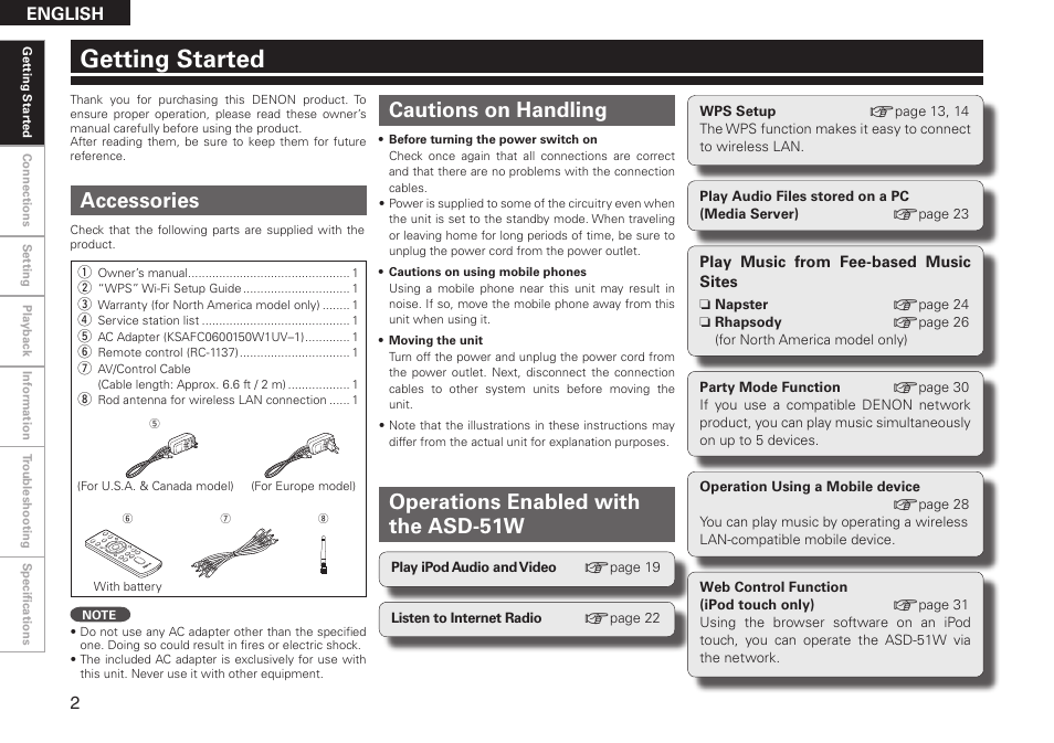 Getting started, Accessories, Cautions on handling | Operations enabled with the asd-51w, English | Denon ASD-51W User Manual | Page 10 / 47
