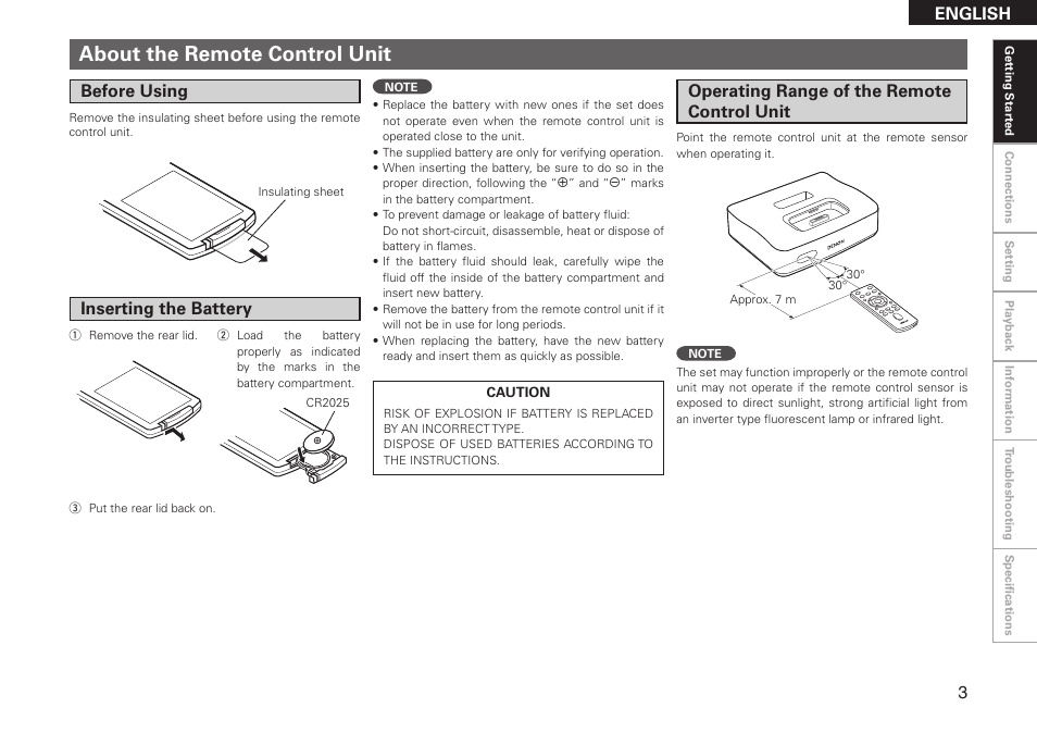 About the remote control unit, English, Operating range of the remote control unit | Inserting the battery, Before using | Denon ASD-51W User Manual | Page 11 / 47