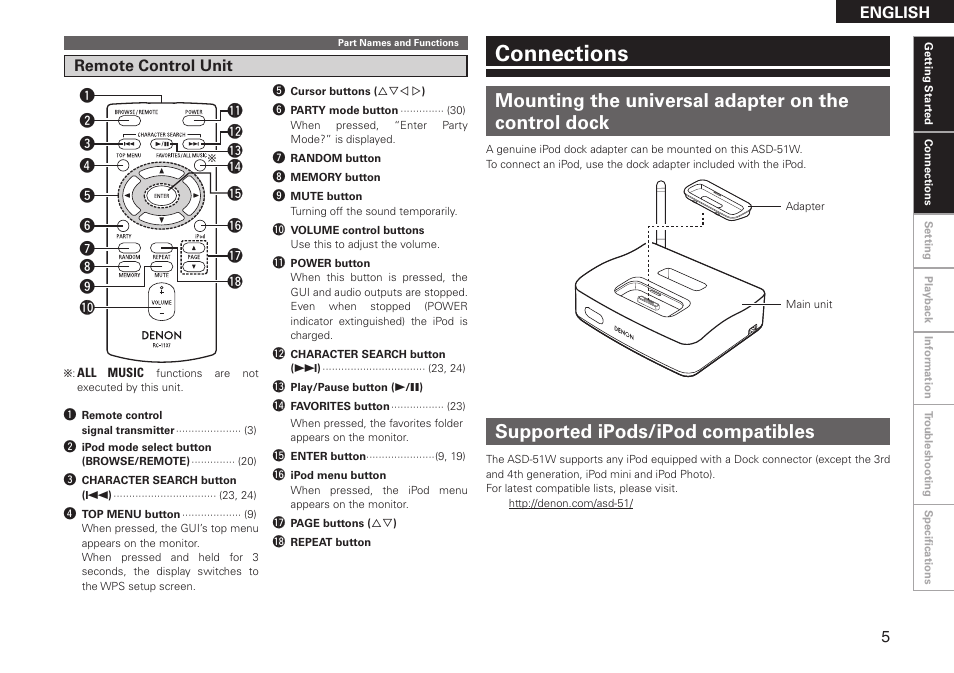 Connections, Mounting the universal adapter on the control dock, Supported ipods/ipod compatibles | English, Remote control unit | Denon ASD-51W User Manual | Page 13 / 47