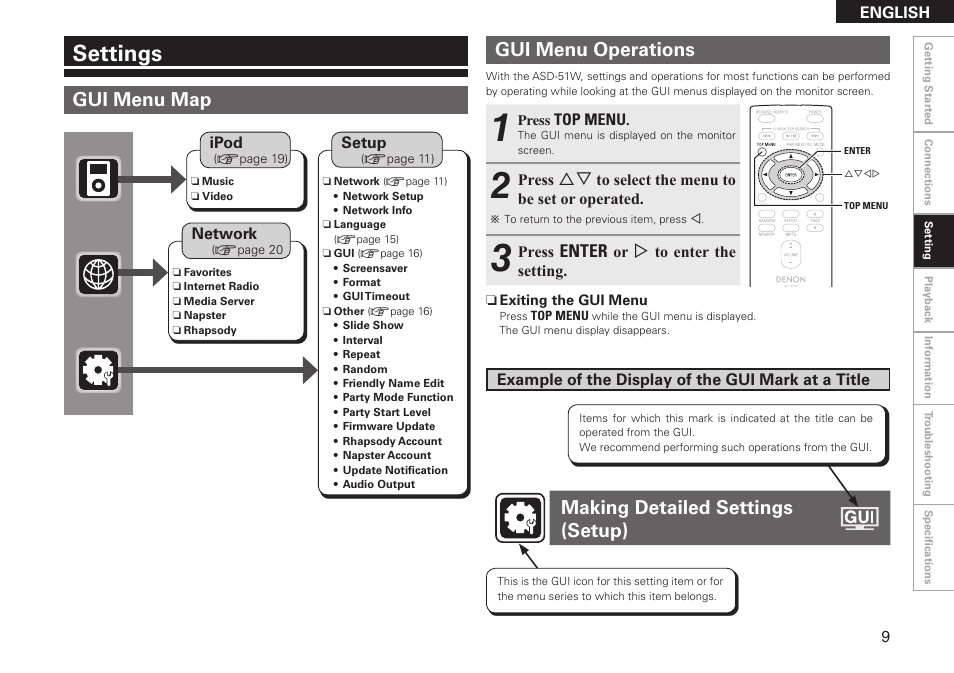 Settings, Gui menu map, Gui menu operations | Making detailed settings (setup) | Denon ASD-51W User Manual | Page 17 / 47