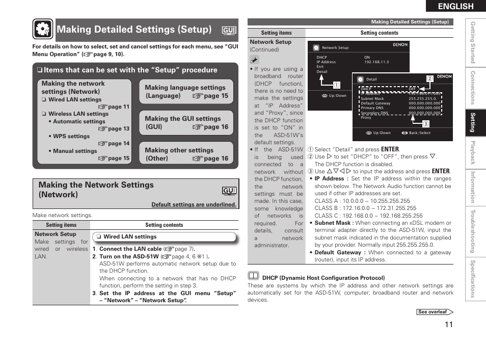 Making detailed settings (setup), English, Making the network settings (network) | Denon ASD-51W User Manual | Page 19 / 47