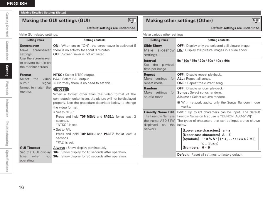 English, Making the gui settings (gui), Making other settings (other) | Denon ASD-51W User Manual | Page 24 / 47