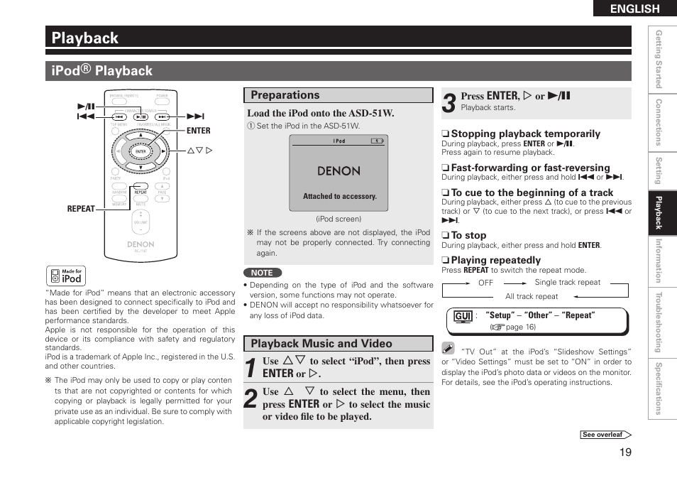 Playback, Ipod® playback | Denon ASD-51W User Manual | Page 27 / 47