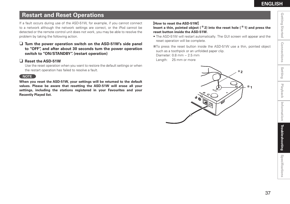 Restart and reset operations, English | Denon ASD-51W User Manual | Page 45 / 47