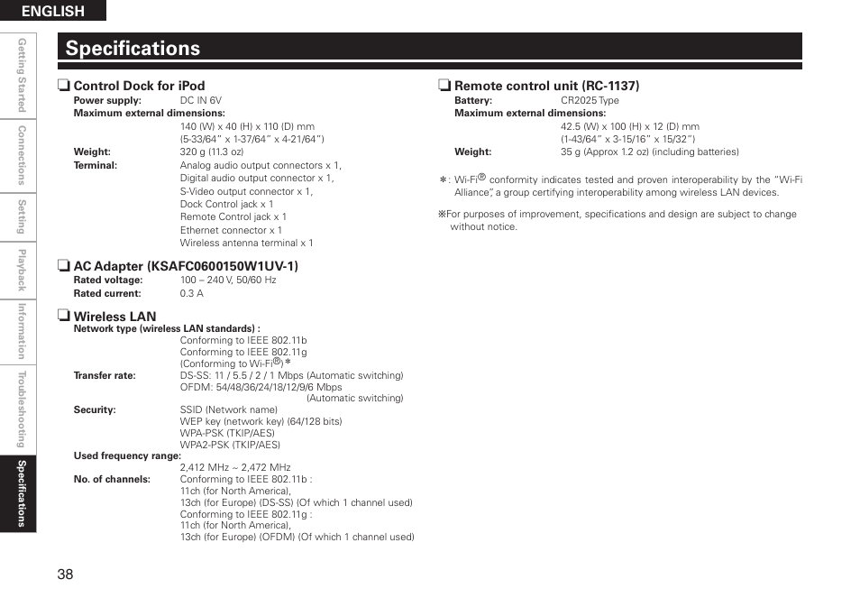 Specifications, English | Denon ASD-51W User Manual | Page 46 / 47