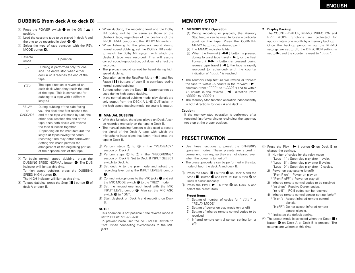 Dubbing (from deck a to deck b), Memory stop, Preset function | English dubbing (from deck a to deck b) | Denon DN-780R User Manual | Page 11 / 18