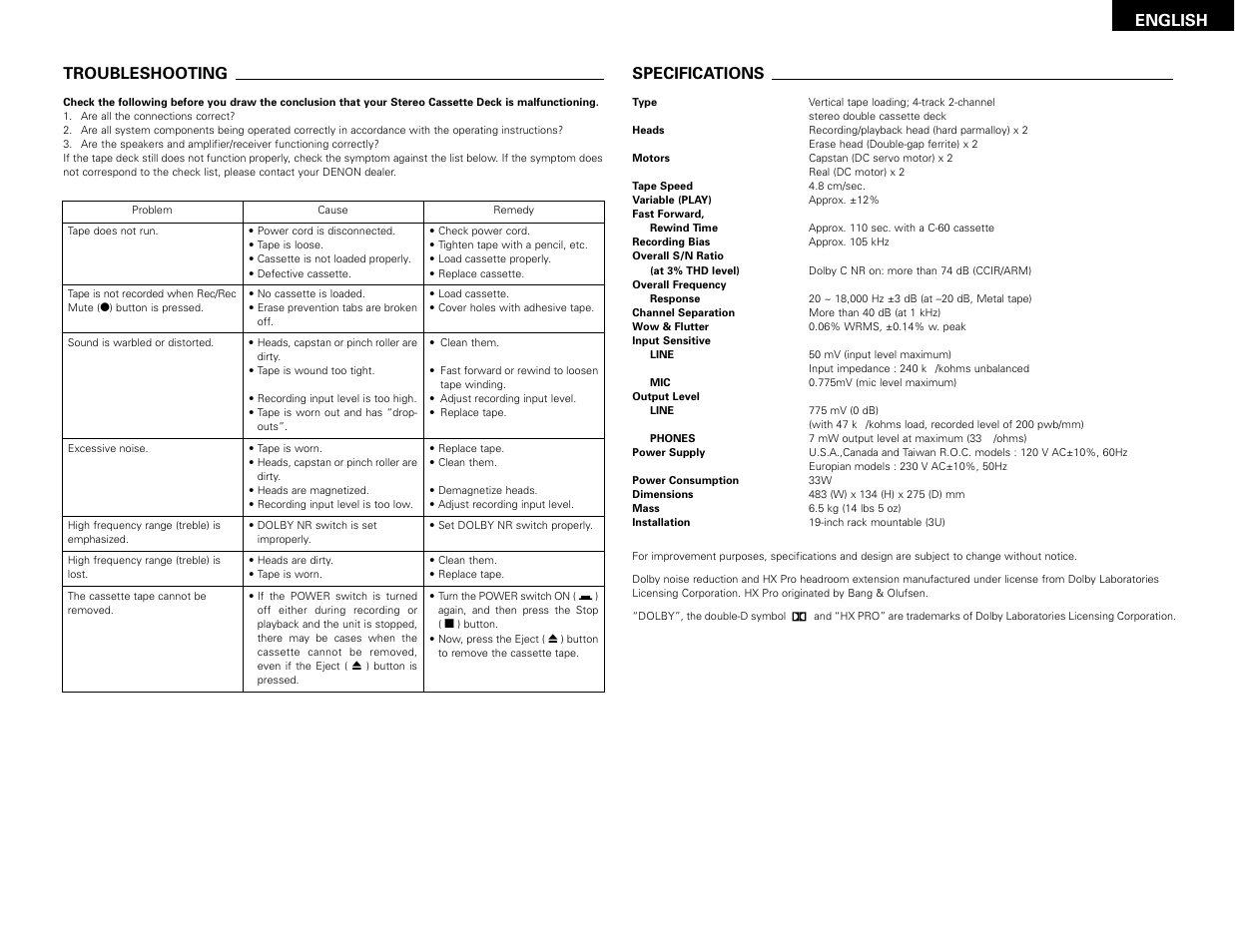 Troubleshooting, Specifications, English troubleshooting | Denon DN-780R User Manual | Page 13 / 18