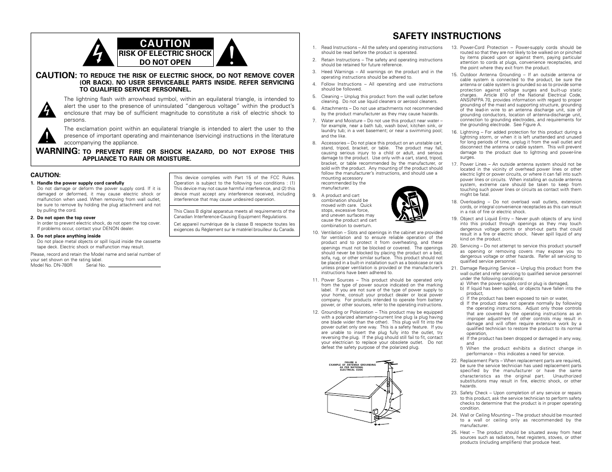 Safety instructions, Caution, Warning | Risk of electric shock do not open | Denon DN-780R User Manual | Page 2 / 18