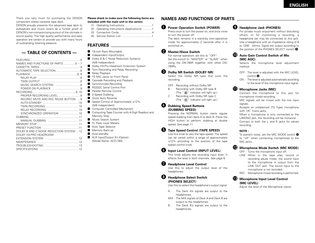 English, Features, Names and functions of parts | Denon DN-780R User Manual | Page 5 / 18