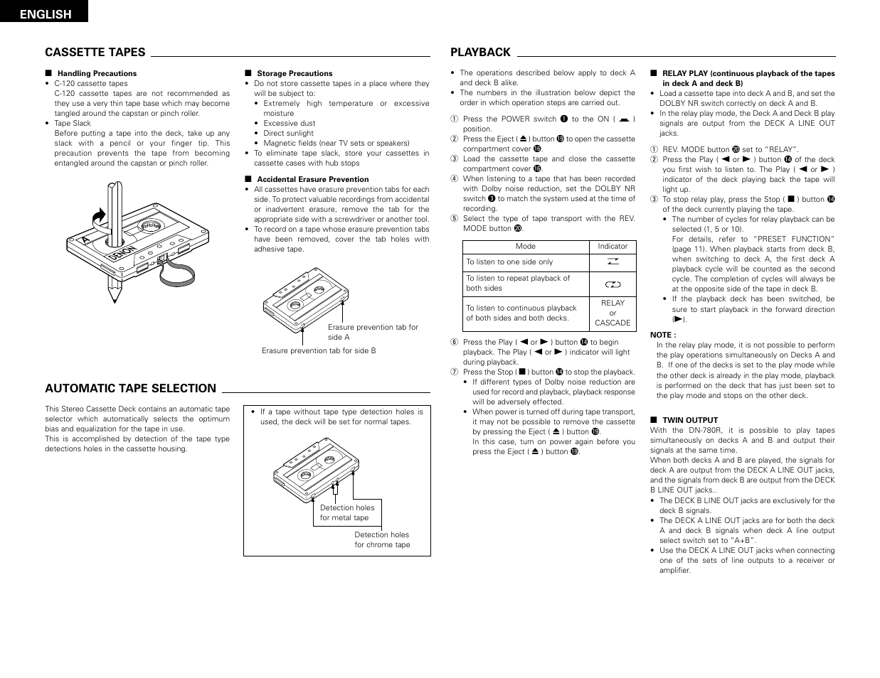 Cassette tapes, Automatic tape selection, Playback | English cassette tapes | Denon DN-780R User Manual | Page 8 / 18