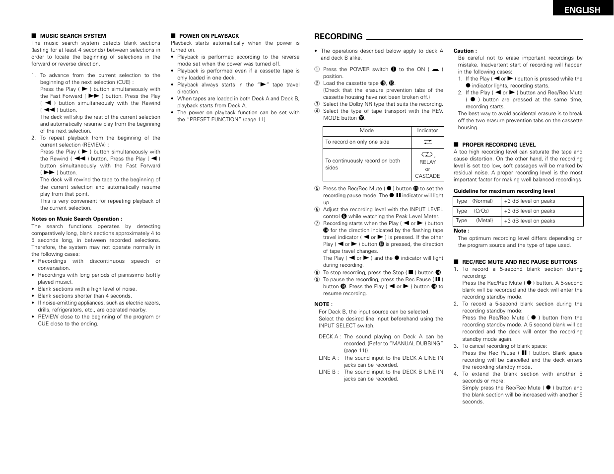 Recording, English | Denon DN-780R User Manual | Page 9 / 18