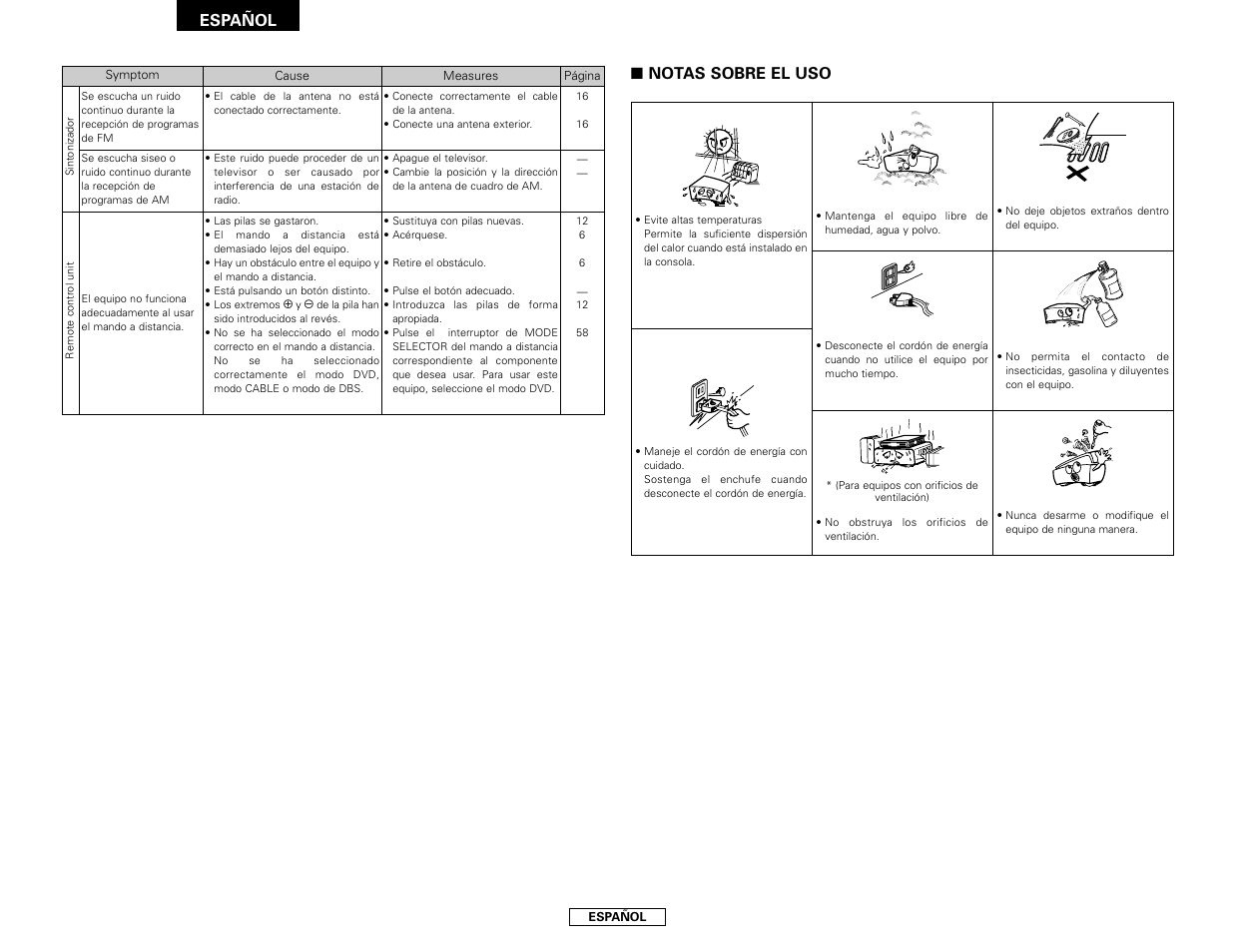 Español, Notas sobre el uso | Denon S-101 User Manual | Page 130 / 138