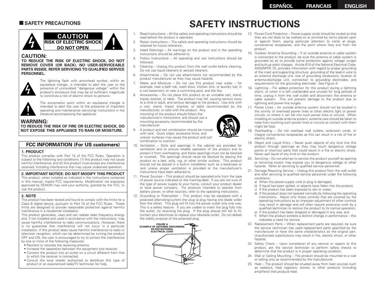 Safety instructions, Caution, Warning | English francais español | Denon S-101 User Manual | Page 2 / 138