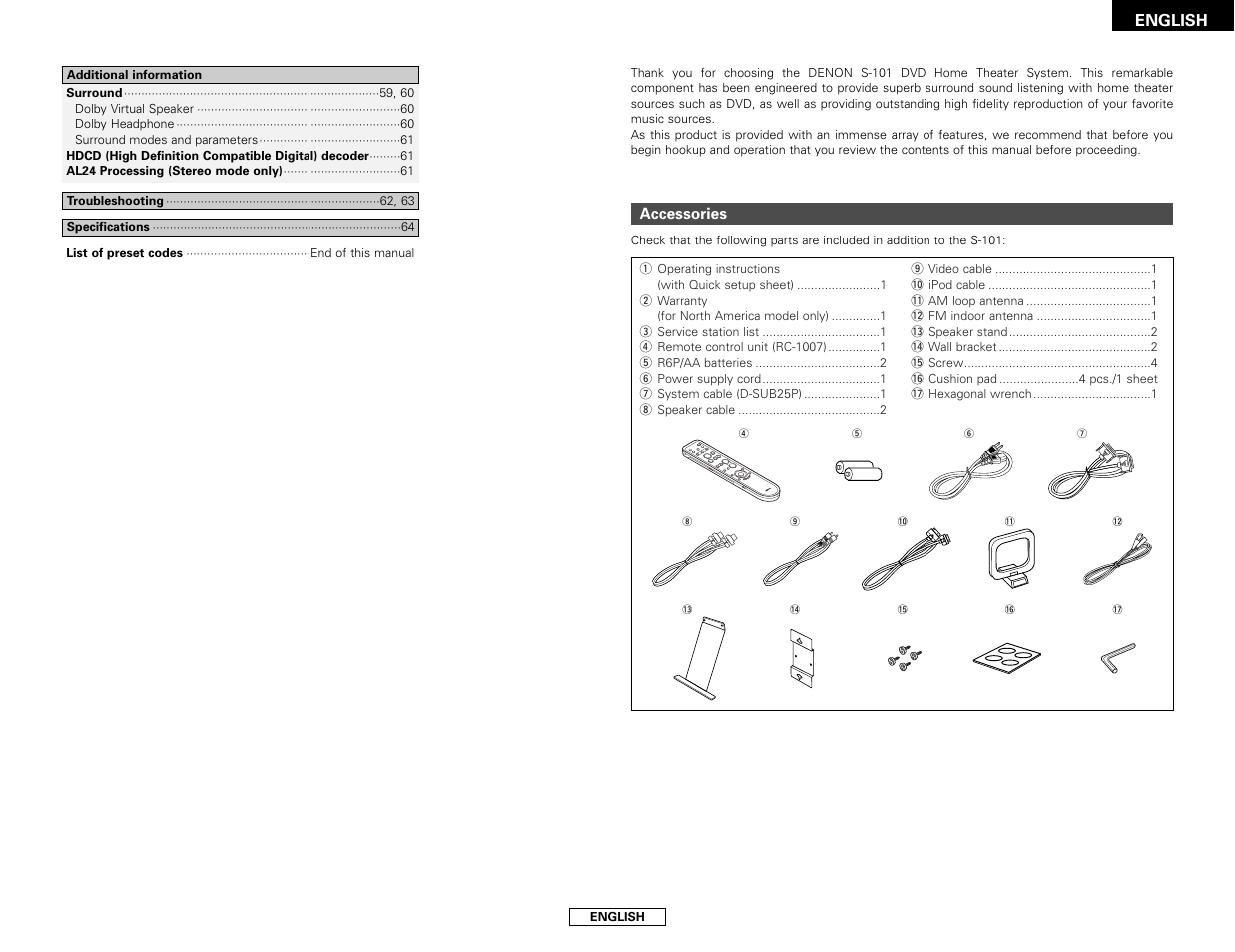 English, Accessories | Denon S-101 User Manual | Page 5 / 138