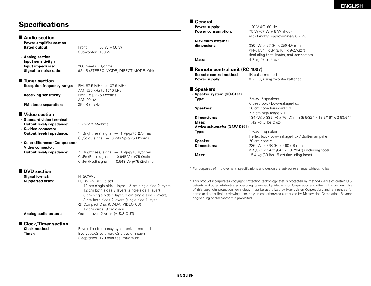 Specifications | Denon S-101 User Manual | Page 67 / 138