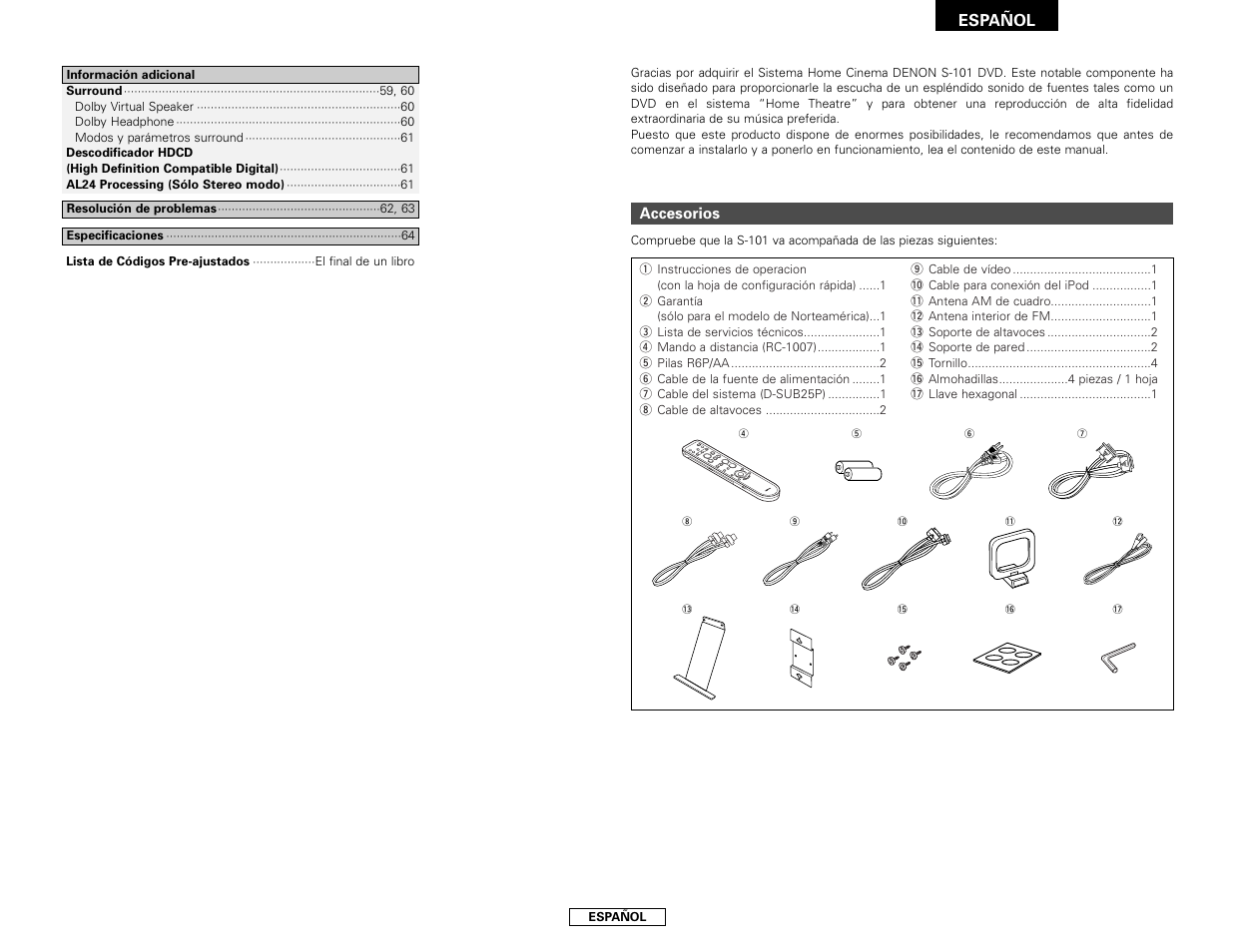 Español, Accesorios | Denon S-101 User Manual | Page 69 / 138