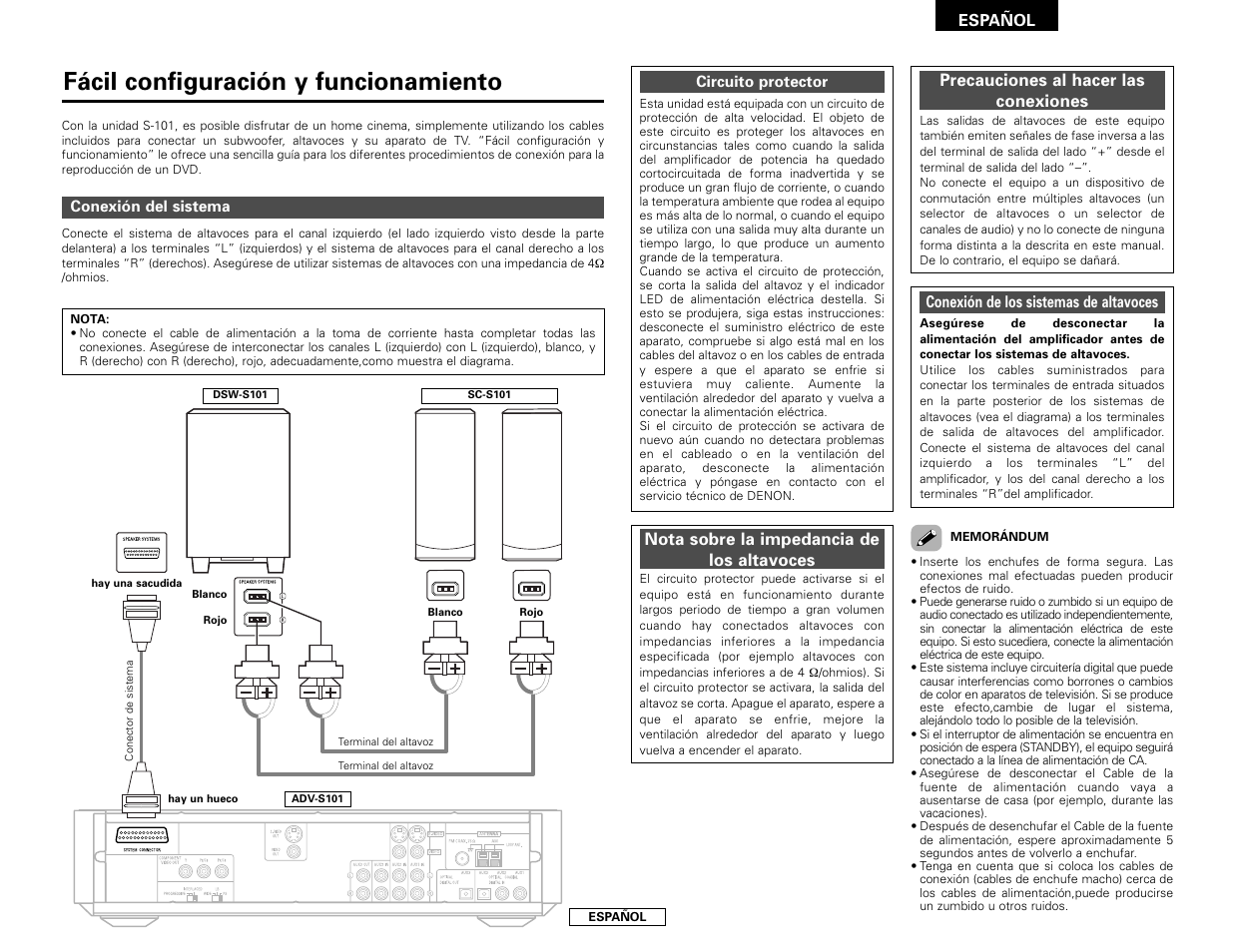 Fácil configuración y funcionamiento | Denon S-101 User Manual | Page 77 / 138
