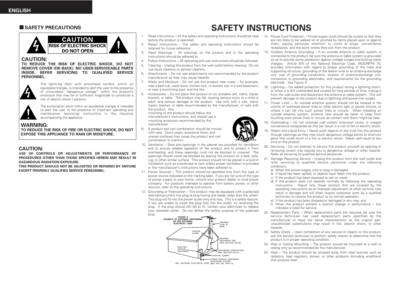 Safety instructions, Caution, Warning | English, 2 safety precautions | Denon S81 User Manual | Page 2 / 36