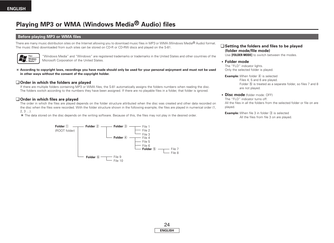 Playing mp3 or wma (windows media® audio) files | Denon S81 User Manual | Page 28 / 36
