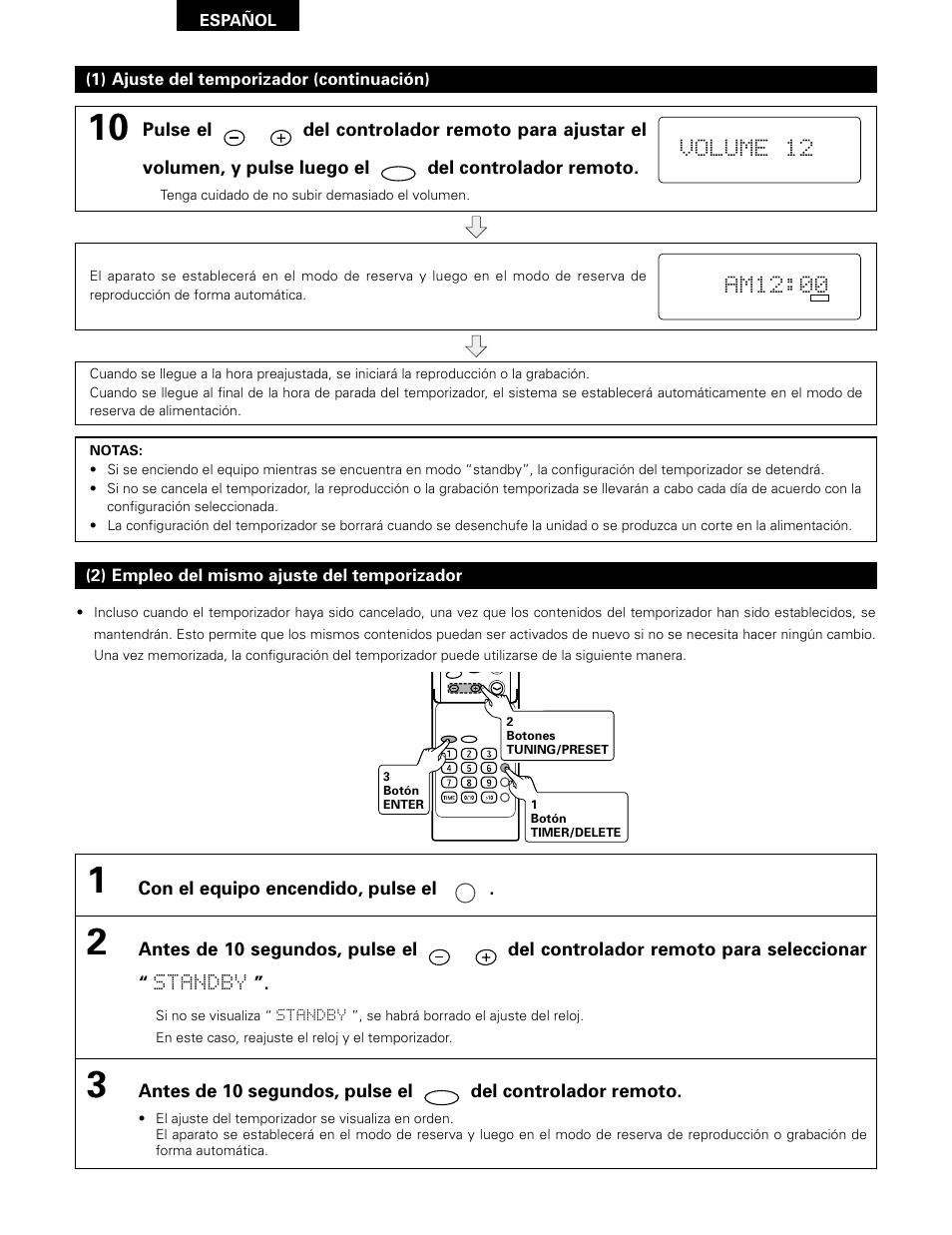 Volume 12, Am12:00, Con el equipo encendido, pulse el | Denon D-A03 User Manual | Page 100 / 110