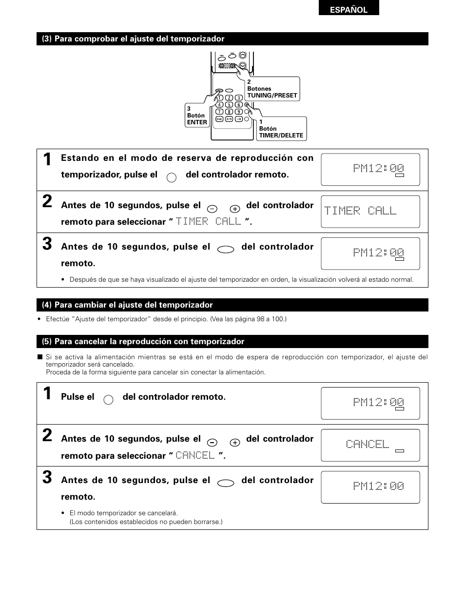 Pm12:00 timer call, Pm12:00, Cancel pm12:00 | Denon D-A03 User Manual | Page 101 / 110