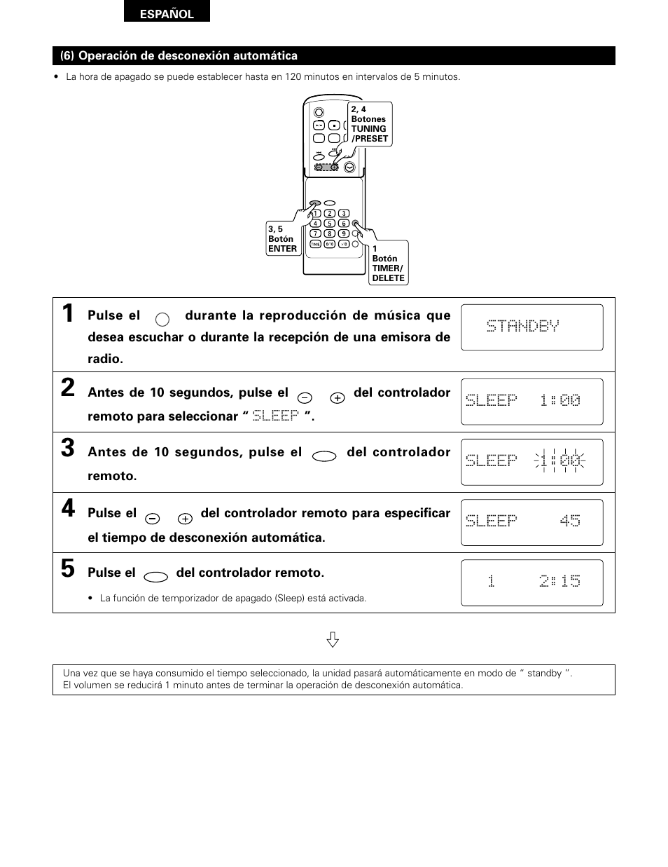 Sleep 45, Pulse el del controlador remoto | Denon D-A03 User Manual | Page 102 / 110