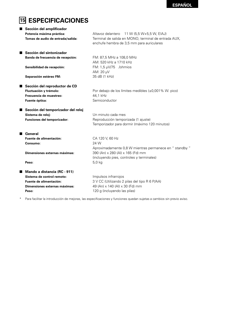 Especificaciones | Denon D-A03 User Manual | Page 109 / 110