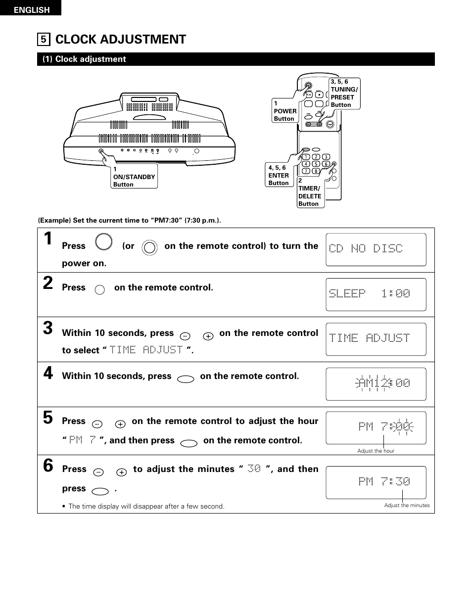 Clock adjustment, Cd no disc, Sleep 1:00 | Press on the remote control, Within 10 seconds, press on the remote control, Press to adjust the minutes “ 30 ”, and then press, 1) clock adjustment | Denon D-A03 User Manual | Page 12 / 110