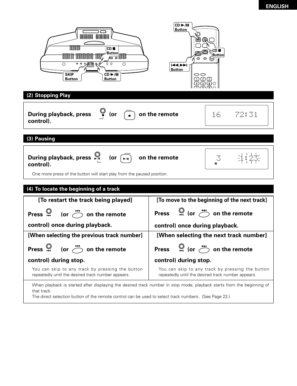 During playback, press (or on the remote control), 2) stopping play (3) pausing, 4) to locate the beginning of a track | English | Denon D-A03 User Manual | Page 15 / 110