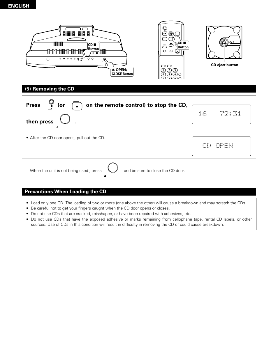 5) removing the cd precautions when loading the cd, English, Vol. up down | After the cd door opens, pull out the cd | Denon D-A03 User Manual | Page 16 / 110