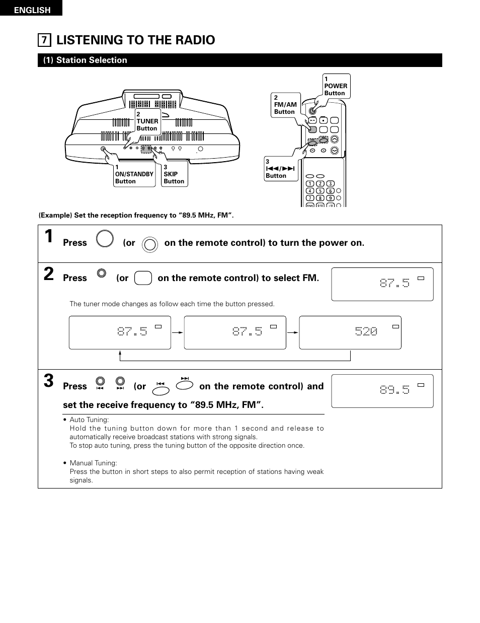 Listening to the radio, Press (or on the remote control) to select fm, 1) station selection | English | Denon D-A03 User Manual | Page 18 / 110