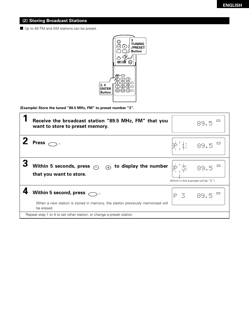 P 1 89.5, P 3 89.5, Press | Within 5 second, press, 2) storing broadcast stations, English | Denon D-A03 User Manual | Page 19 / 110