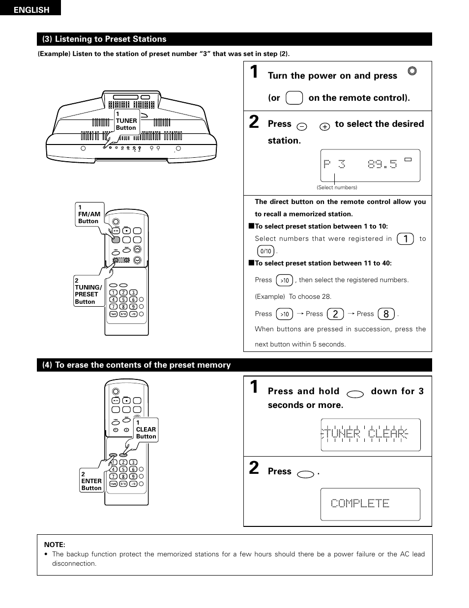 P 3 89.5, Tuner clear, Complete | Press to select the desired station, Press and hold down for 3 seconds or more, Press, English | Denon D-A03 User Manual | Page 20 / 110