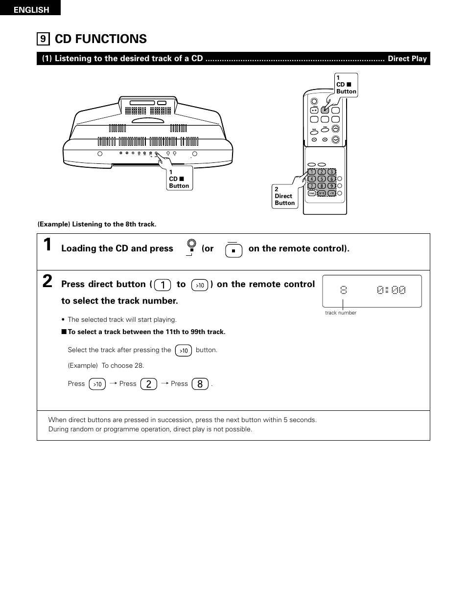 Cd functions, 1) listening to the desired track of a cd, English | Direct play | Denon D-A03 User Manual | Page 22 / 110