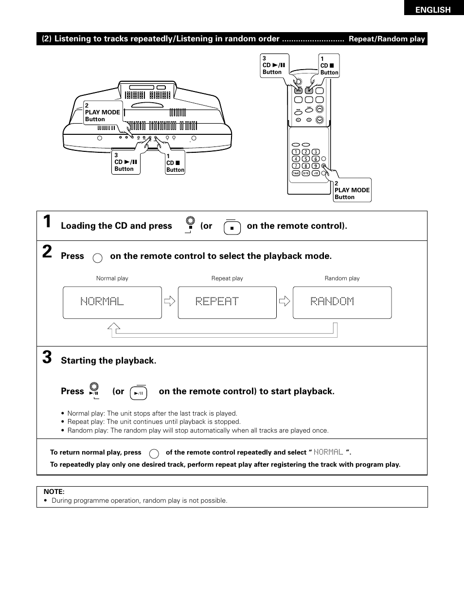 Normal, Repeat, Random | English, Repeat/random play | Denon D-A03 User Manual | Page 23 / 110