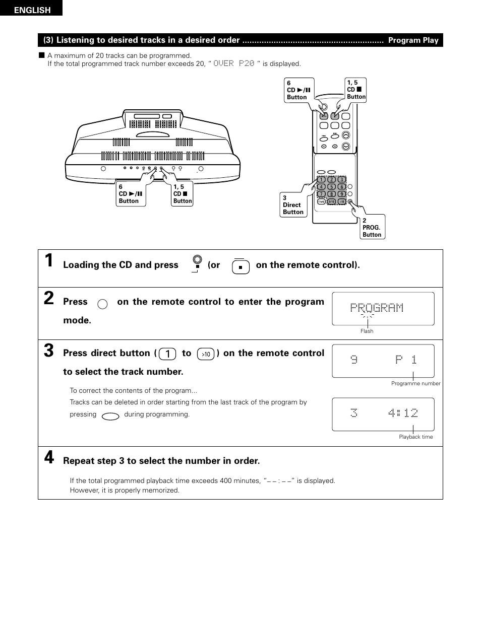 Program, 9p 1, Repeat step 3 to select the number in order | 3) listening to desired tracks in a desired order, English | Denon D-A03 User Manual | Page 24 / 110