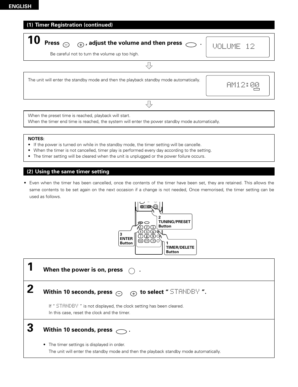 Volume 12, Am12:00, Press , adjust the volume and then press | When the power is on, press, Within 10 seconds, press to select “ standby, Within 10 seconds, press | Denon D-A03 User Manual | Page 30 / 110